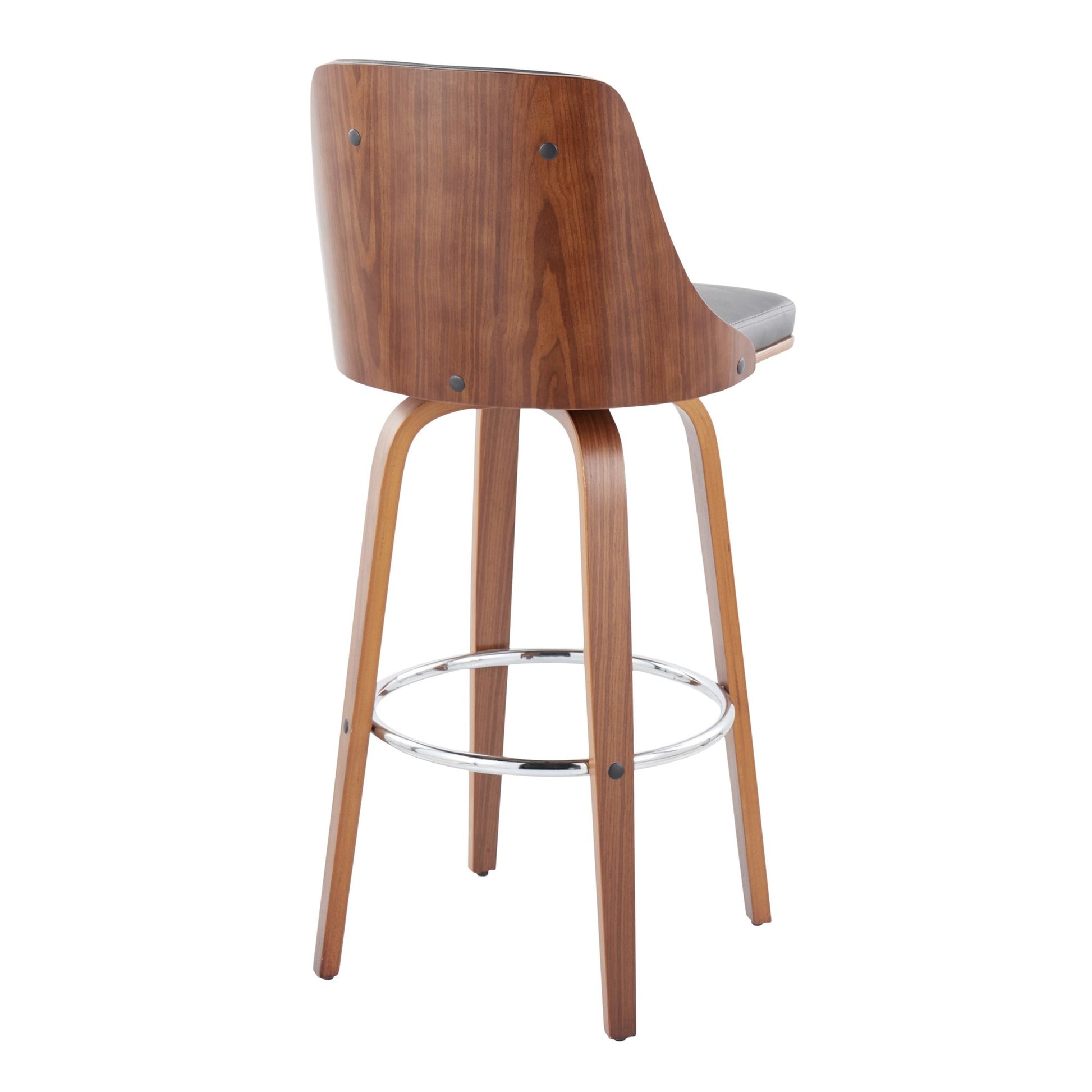 Gianna Mid-Century Modern Fixed-Height Barstool with Swivel in Walnut Wood and Black Faux Leather with Round Chrome Metal Footrest By LumiSource - Set of 2 | Bar Stools | Modishstore - 26