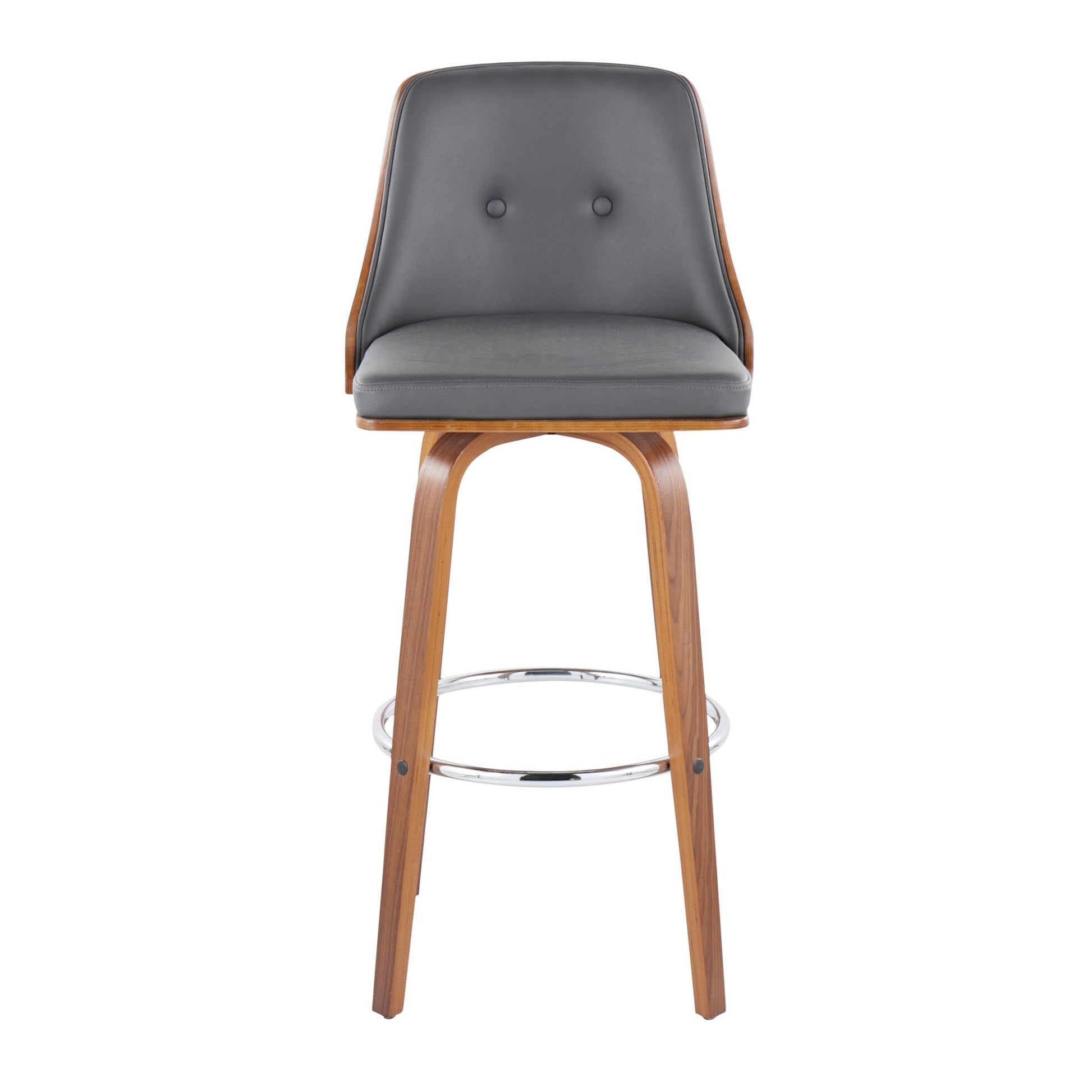 Gianna Mid-Century Modern Fixed-Height Barstool with Swivel in Walnut Wood and Black Faux Leather with Round Chrome Metal Footrest By LumiSource - Set of 2 | Bar Stools | Modishstore - 20