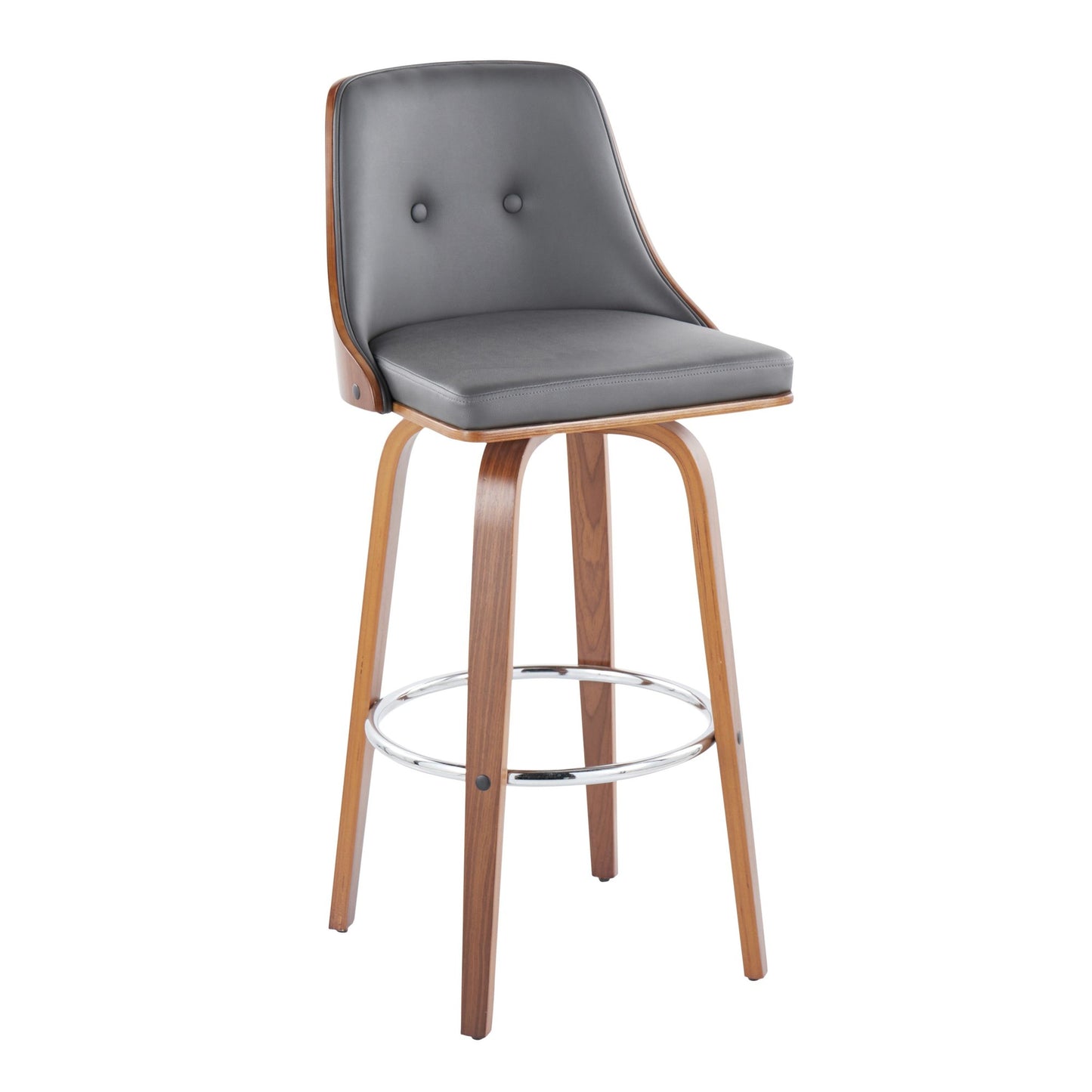 Gianna Mid-Century Modern Fixed-Height Barstool with Swivel in Walnut Wood and Black Faux Leather with Round Chrome Metal Footrest By LumiSource - Set of 2 | Bar Stools | Modishstore - 24