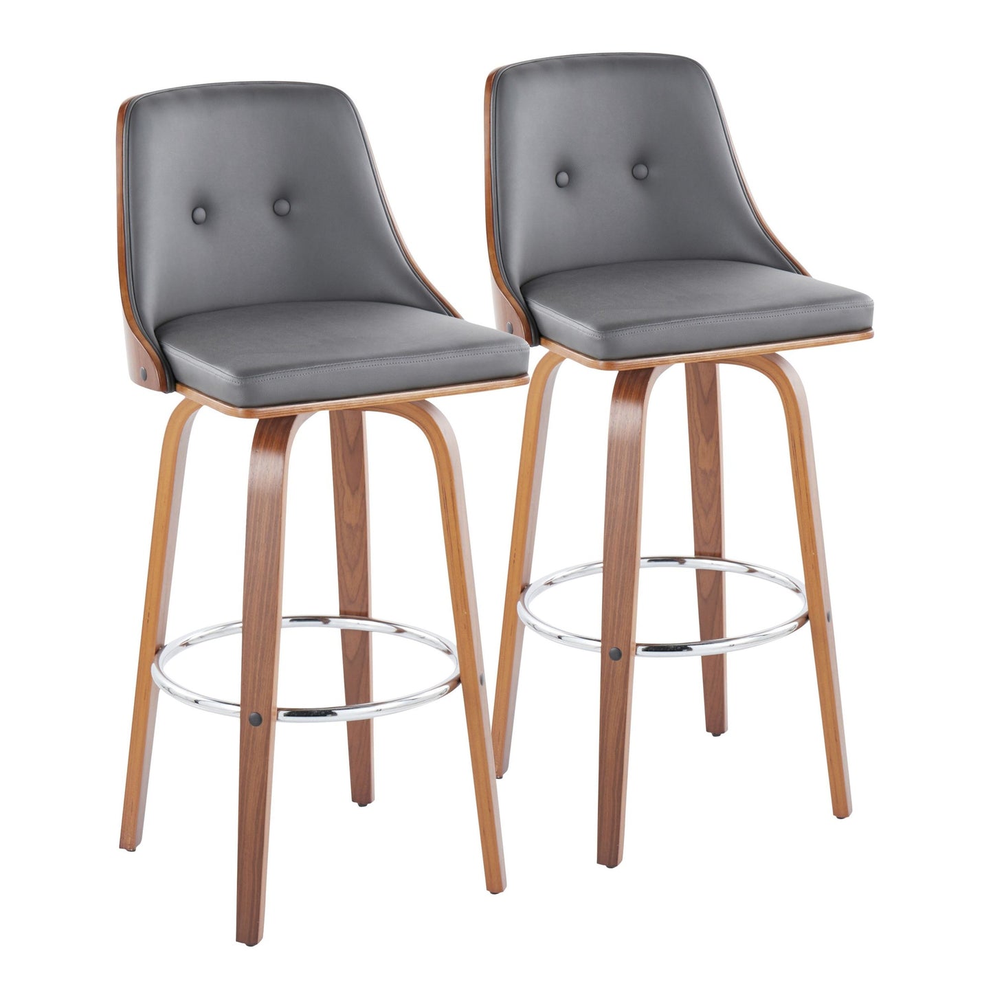 Gianna Mid-Century Modern Fixed-Height Barstool with Swivel in Walnut Wood and Black Faux Leather with Round Chrome Metal Footrest By LumiSource - Set of 2 | Bar Stools | Modishstore - 19