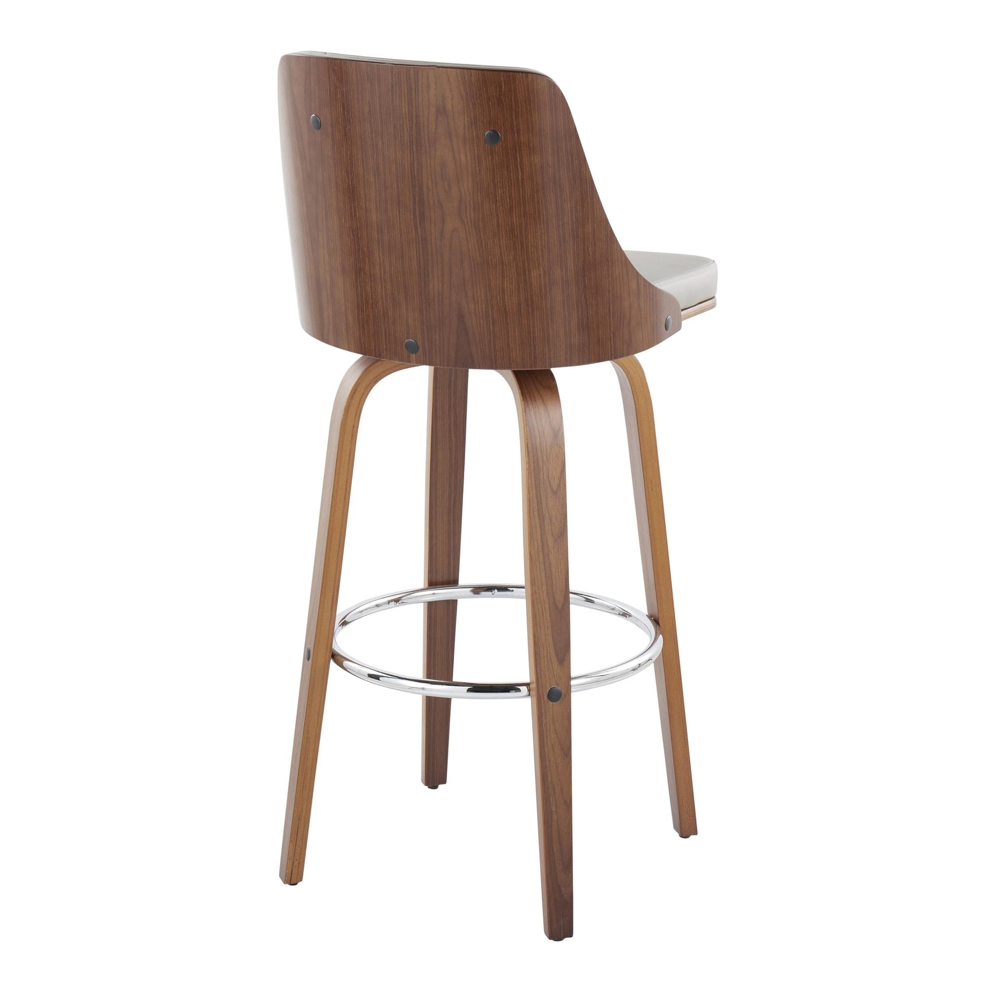 Gianna Mid-Century Modern Fixed-Height Barstool with Swivel in Walnut Wood and Black Faux Leather with Round Chrome Metal Footrest By LumiSource - Set of 2 | Bar Stools | Modishstore - 35