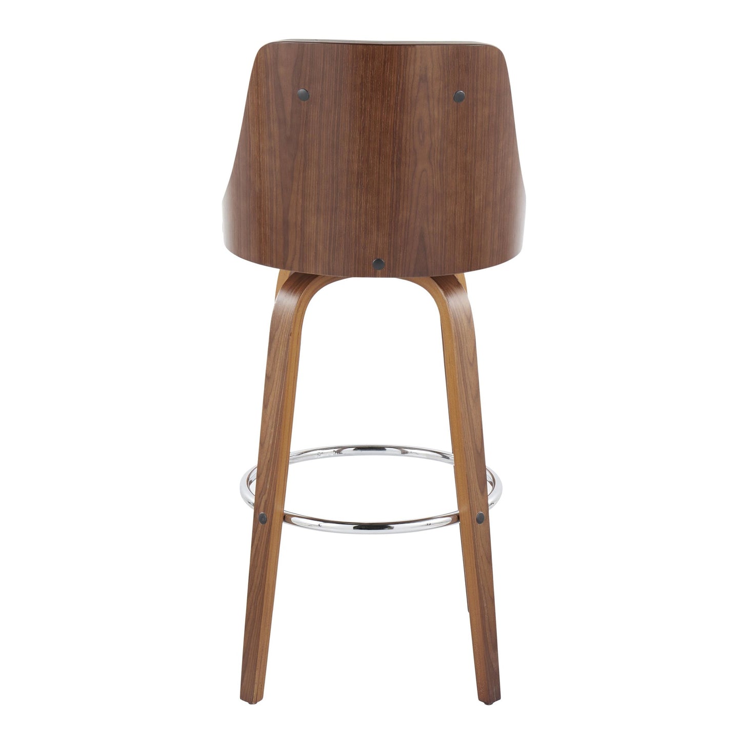 Gianna Mid-Century Modern Fixed-Height Barstool with Swivel in Walnut Wood and Black Faux Leather with Round Chrome Metal Footrest By LumiSource - Set of 2 | Bar Stools | Modishstore - 36