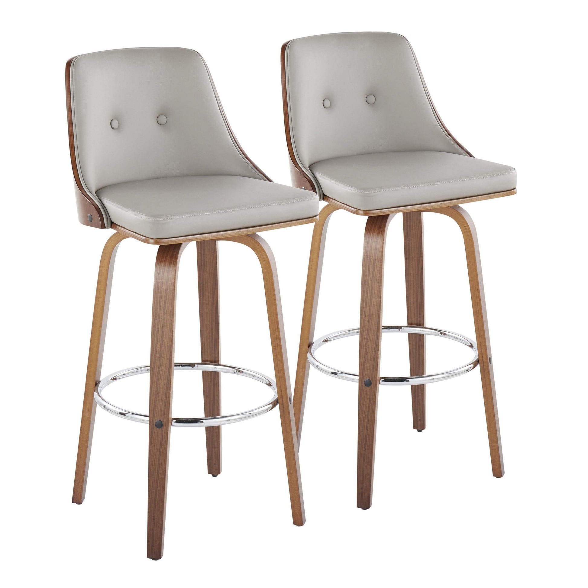 Gianna Mid-Century Modern Fixed-Height Barstool with Swivel in Walnut Wood and Black Faux Leather with Round Chrome Metal Footrest By LumiSource - Set of 2 | Bar Stools | Modishstore - 28