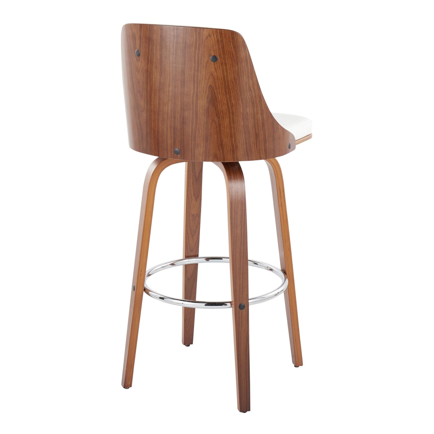 Gianna Mid-Century Modern Fixed-Height Barstool with Swivel in Walnut Wood and Black Faux Leather with Round Chrome Metal Footrest By LumiSource - Set of 2 | Bar Stools | Modishstore - 44