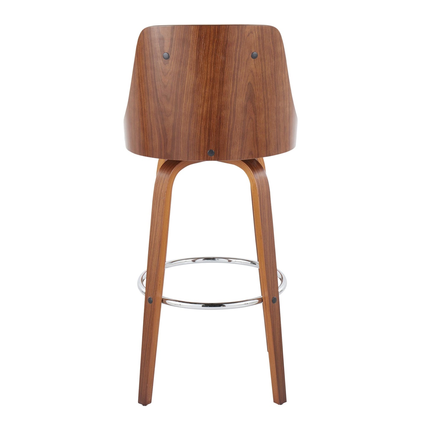 Gianna Mid-Century Modern Fixed-Height Barstool with Swivel in Walnut Wood and Black Faux Leather with Round Chrome Metal Footrest By LumiSource - Set of 2 | Bar Stools | Modishstore - 45