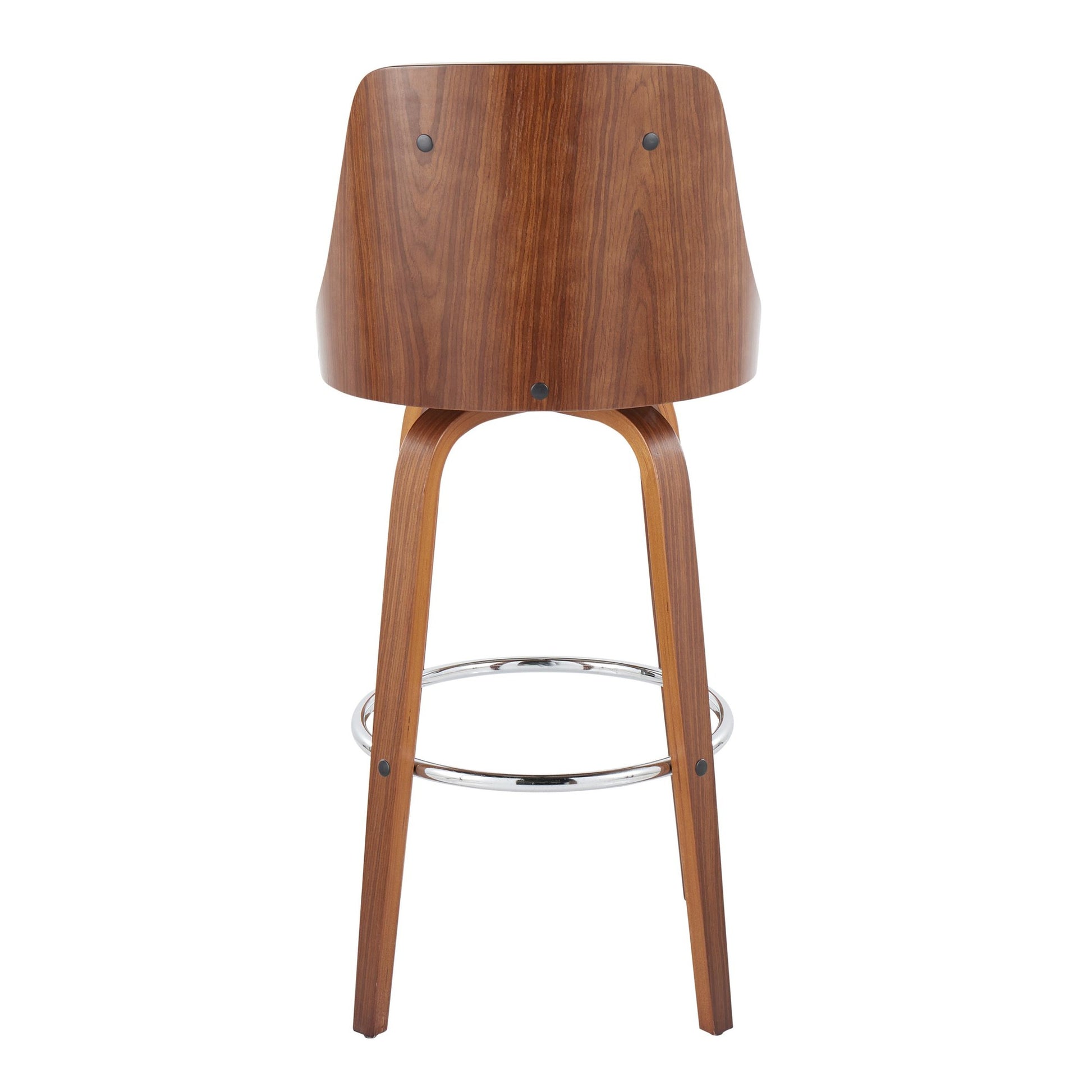 Gianna Mid-Century Modern Fixed-Height Barstool with Swivel in Walnut Wood and Black Faux Leather with Round Chrome Metal Footrest By LumiSource - Set of 2 | Bar Stools | Modishstore - 45