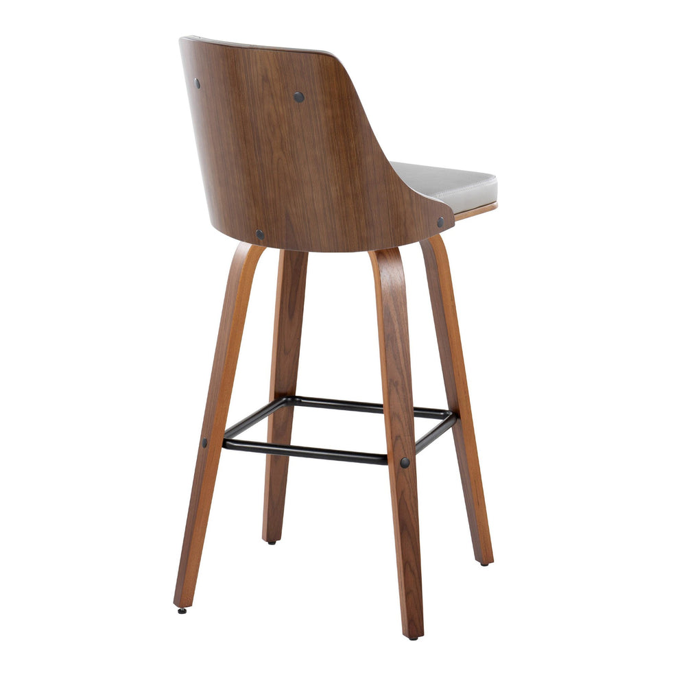 Gianna Mid-Century Modern Fixed-Height Barstool with Swivel in Walnut Wood and Light Grey Faux Leather with Square Black Metal Footrest By LumiSource - Set of 2 | Bar Stools | Modishstore - 8
