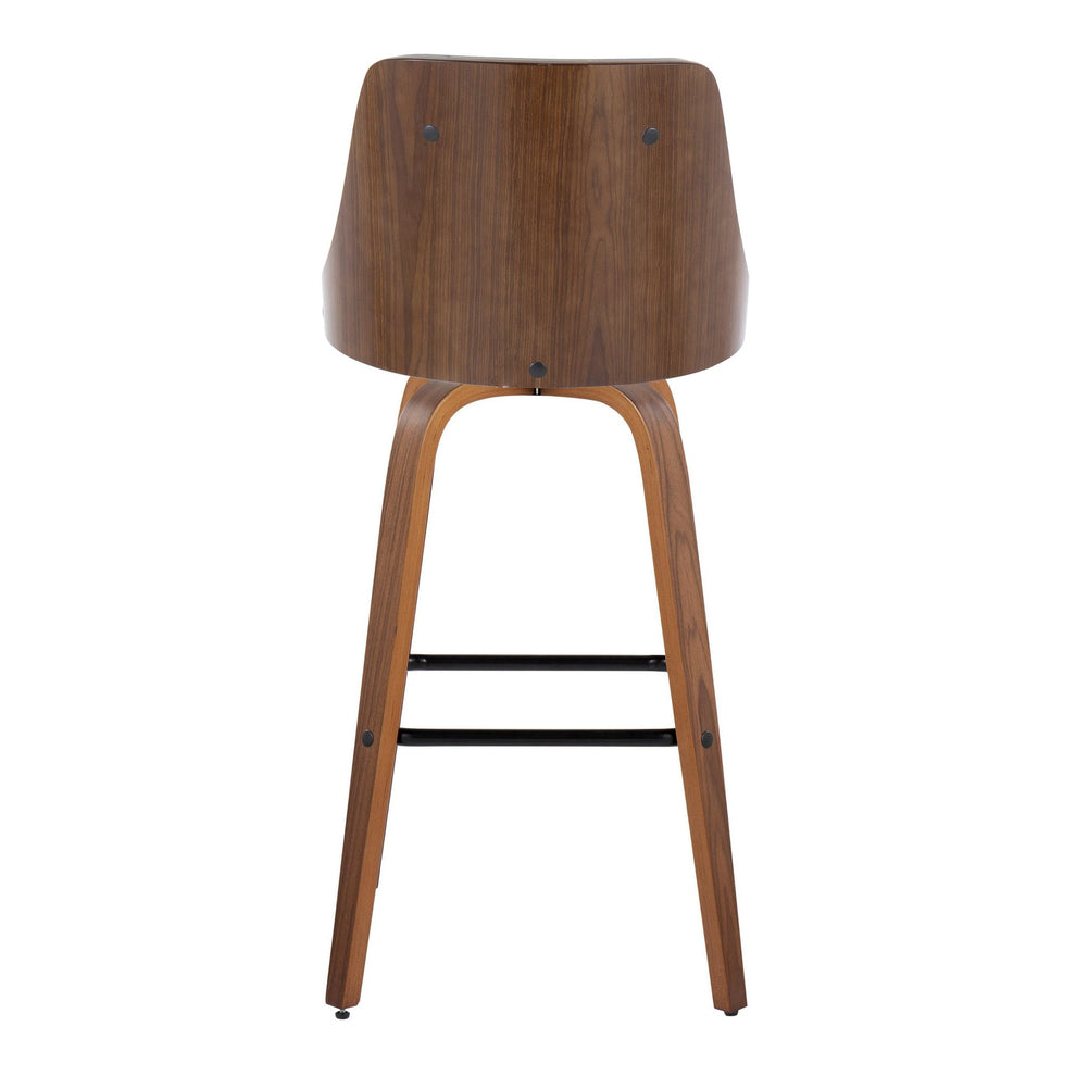 Gianna Mid-Century Modern Fixed-Height Barstool with Swivel in Walnut Wood and Light Grey Faux Leather with Square Black Metal Footrest By LumiSource - Set of 2 | Bar Stools | Modishstore - 9
