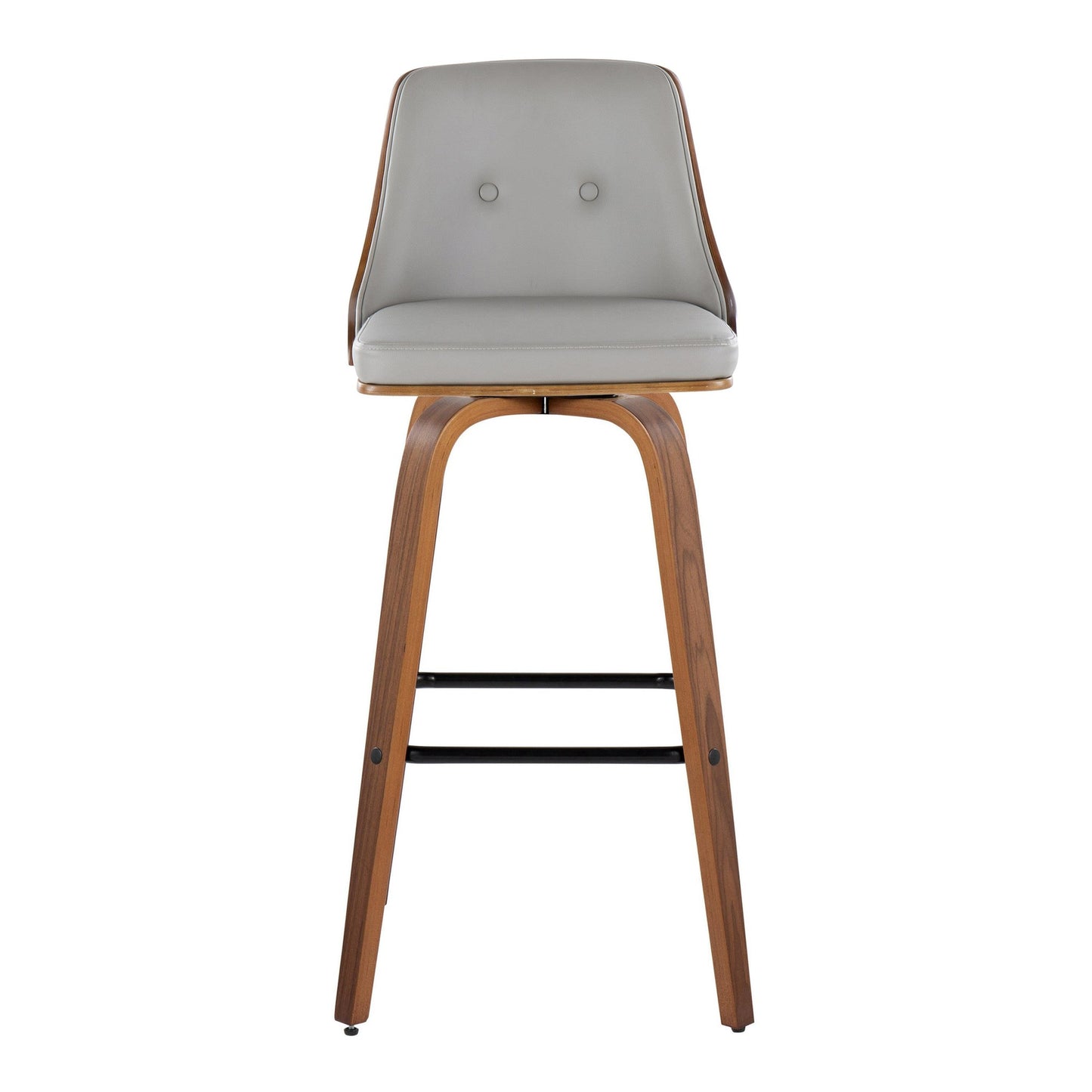 Gianna Mid-Century Modern Fixed-Height Barstool with Swivel in Walnut Wood and Light Grey Faux Leather with Square Black Metal Footrest By LumiSource - Set of 2 | Bar Stools | Modishstore - 3