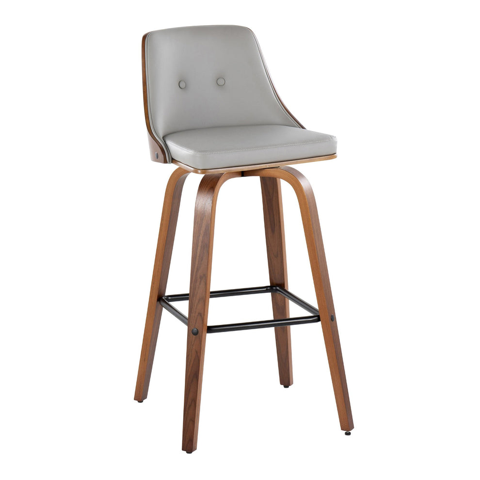 Gianna Mid-Century Modern Fixed-Height Barstool with Swivel in Walnut Wood and Light Grey Faux Leather with Square Black Metal Footrest By LumiSource - Set of 2 | Bar Stools | Modishstore - 6