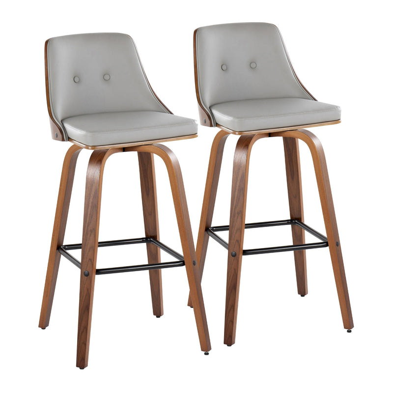 Gianna Mid-Century Modern Fixed-Height Barstool with Swivel in Walnut Wood and Light Grey Faux Leather with Square Black Metal Footrest By LumiSource - Set of 2 | Bar Stools | Modishstore - 2