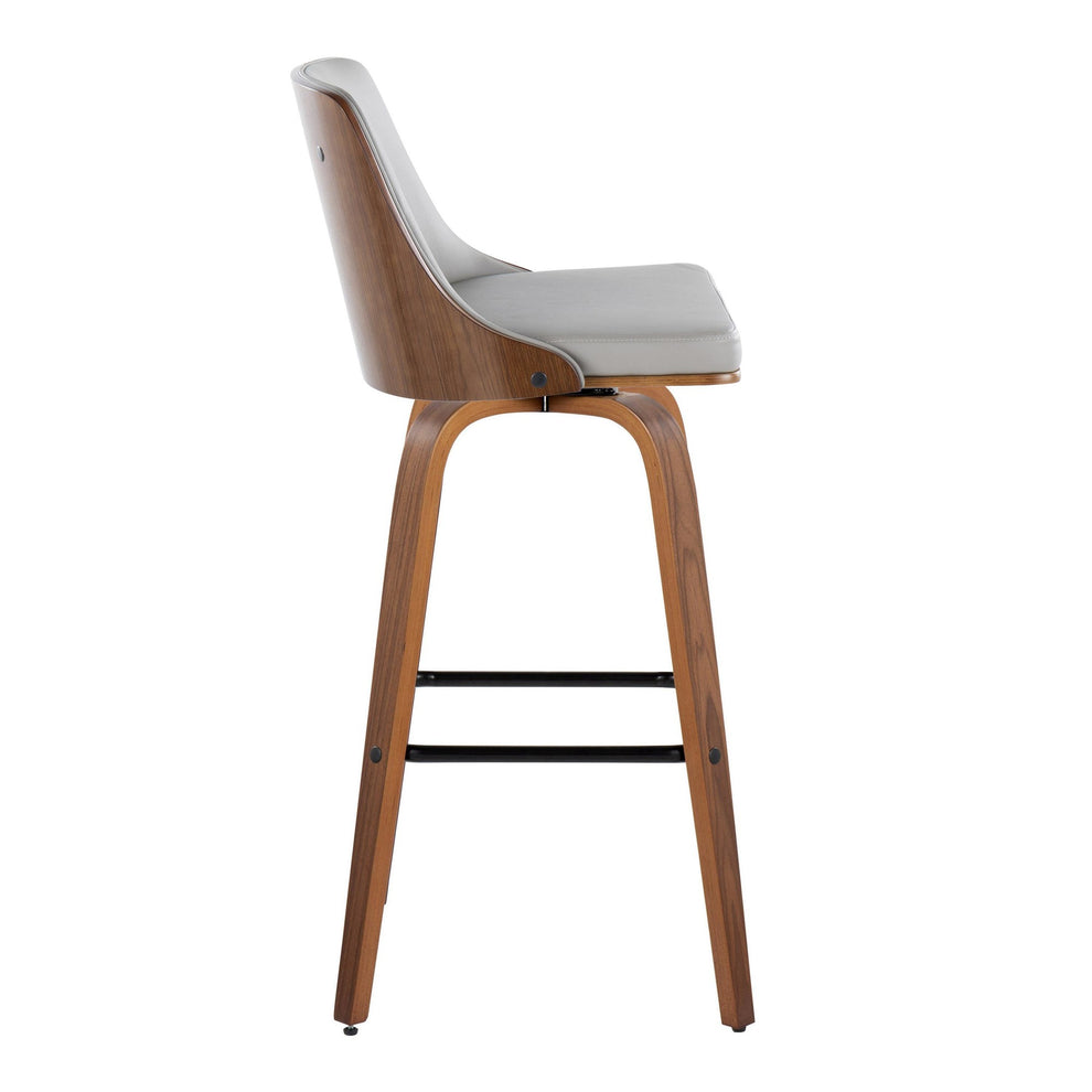 Gianna Mid-Century Modern Fixed-Height Barstool with Swivel in Walnut Wood and Light Grey Faux Leather with Square Black Metal Footrest By LumiSource - Set of 2 | Bar Stools | Modishstore - 7
