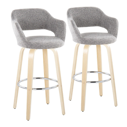 Margarite 30" Contemporary Fixed-Height Barstool with Swivel in Natural Wood and Grey Fabric with Round Chrome Metal Footrest By LumiSource - Set of 2 | Bar Stools | Modishstore