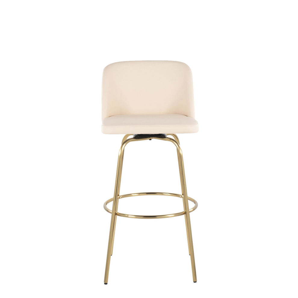 Toriano 30" Contemporary Fixed Height Barstool with Swivel in Cream Faux Leather and Gold Metal with Round Footrest By LumiSource - Set of 2 | Bar Stools | Modishstore - 2