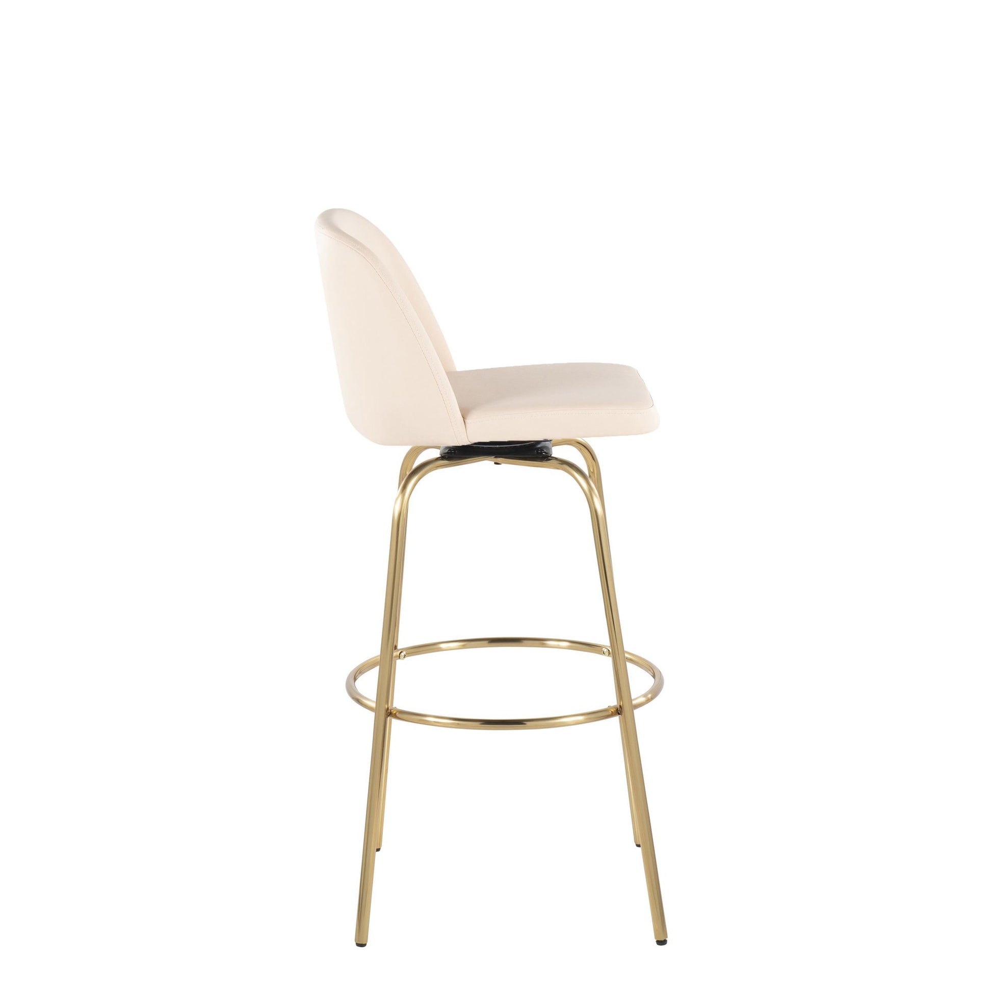 Toriano 30" Contemporary Fixed Height Barstool with Swivel in Cream Faux Leather and Gold Metal with Round Footrest By LumiSource - Set of 2 | Bar Stools | Modishstore - 5