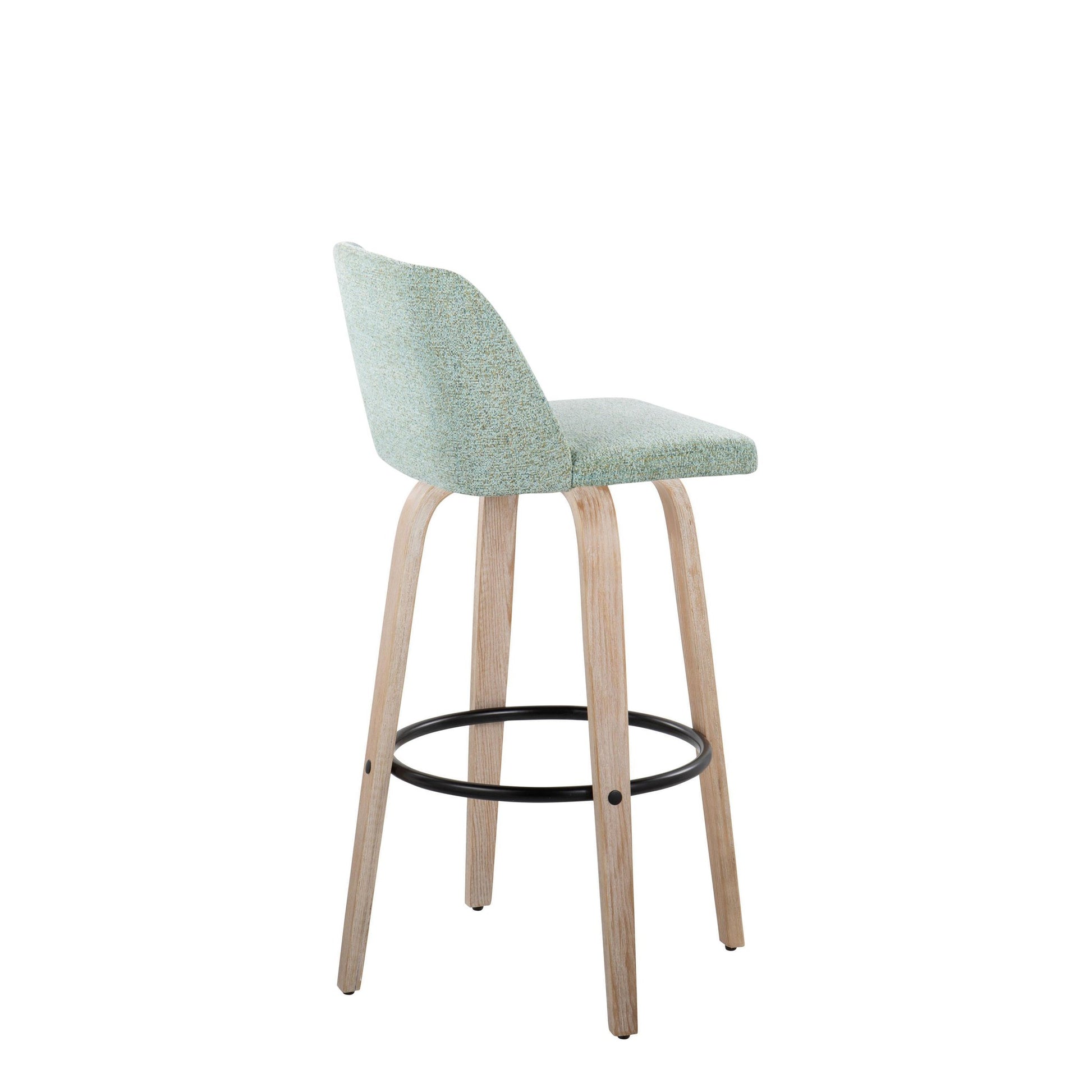 Toriano 30" Mid-Century Modern Fixed Height Barstool with Swivel in Walnut Wood and Light Green Fabric with Round Black Metal Footrest By LumiSource - Set of 2 | Bar Stools | Modishstore - 15
