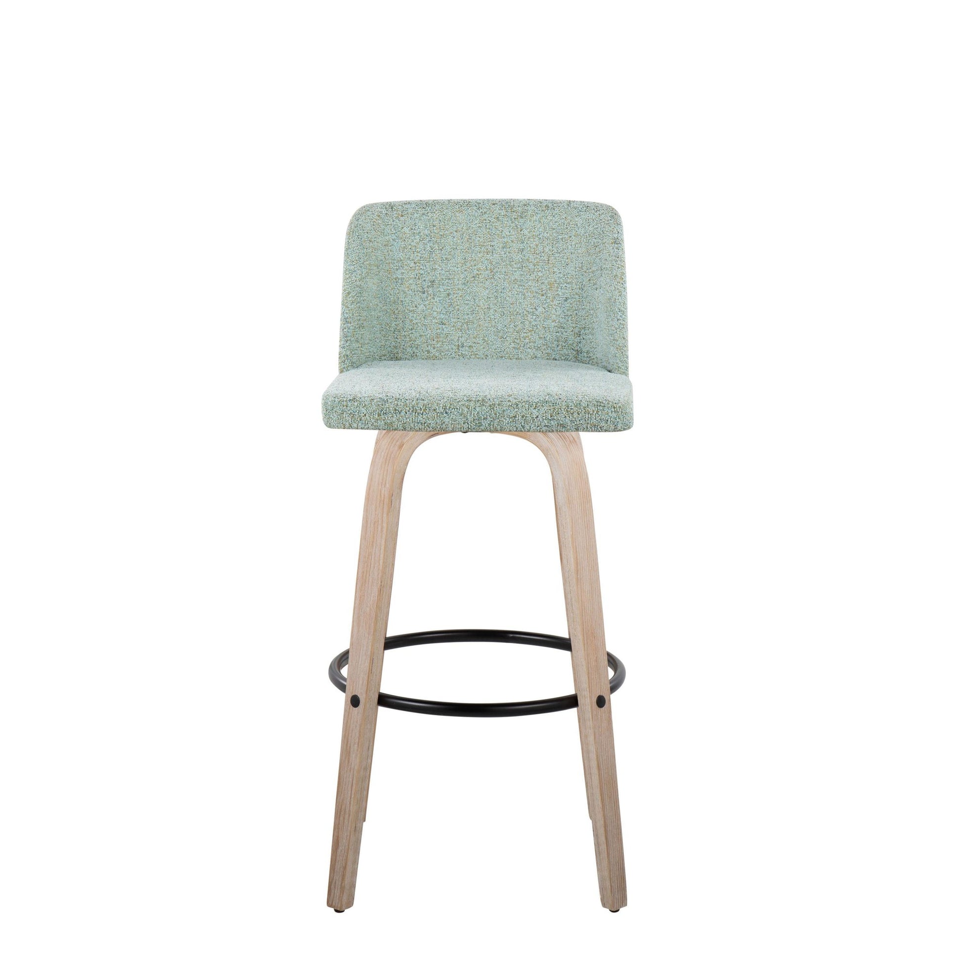 Toriano 30" Mid-Century Modern Fixed Height Barstool with Swivel in Walnut Wood and Light Green Fabric with Round Black Metal Footrest By LumiSource - Set of 2 | Bar Stools | Modishstore - 11