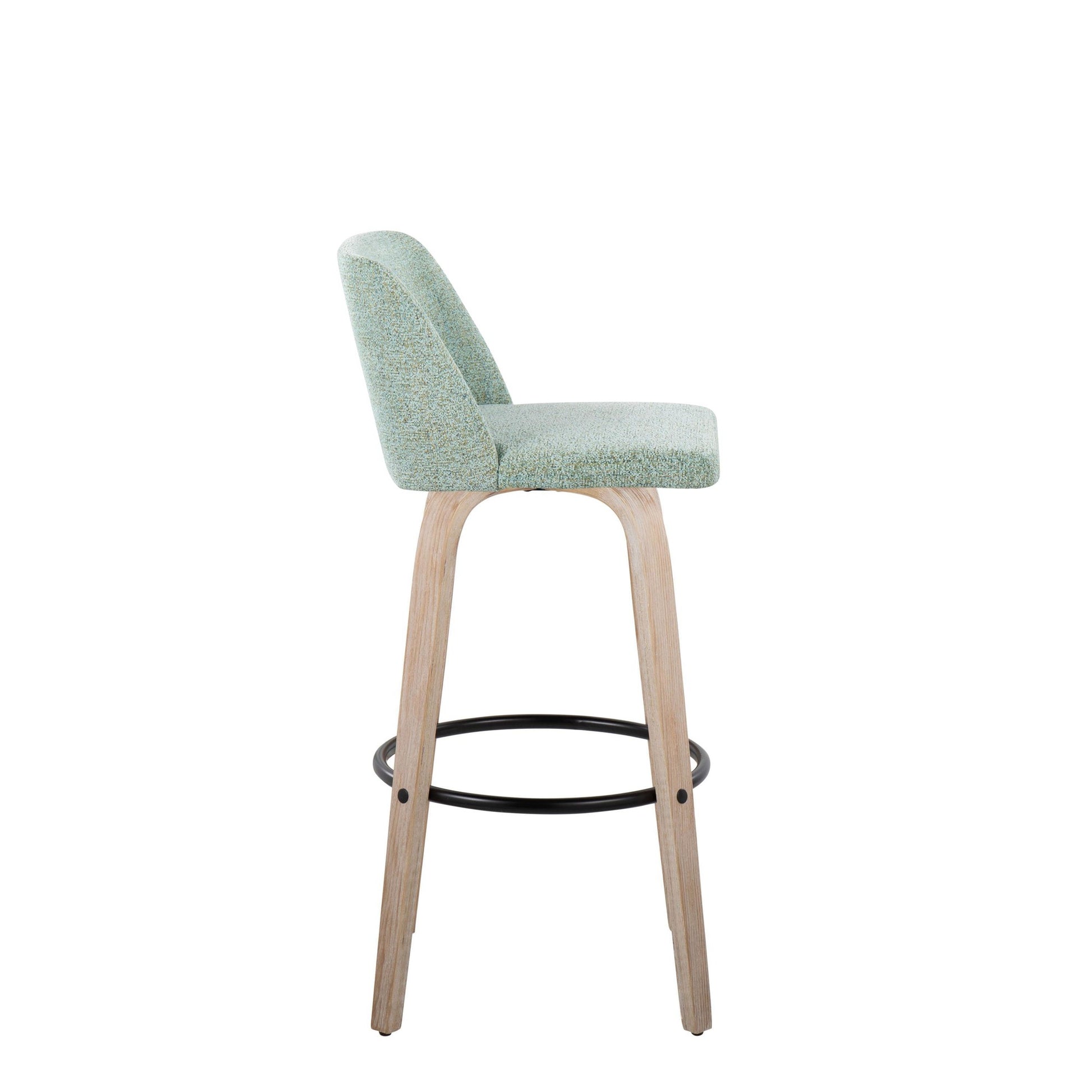 Toriano 30" Mid-Century Modern Fixed Height Barstool with Swivel in Walnut Wood and Light Green Fabric with Round Black Metal Footrest By LumiSource - Set of 2 | Bar Stools | Modishstore - 14