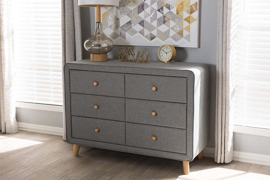 Baxton Studio Jonesy Mid-Century Grey Fabric Upholstered 6-Drawer Dresser | Modishstore | Dressers