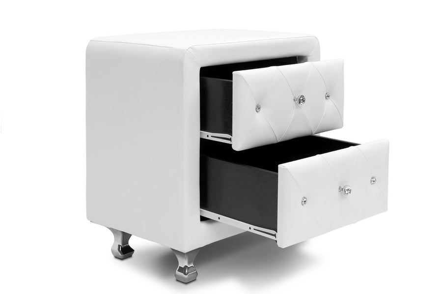 Baxton Studio Stella Crystal Tufted White Upholstered Modern Nightstand | Nightstands | Modishstore - 3