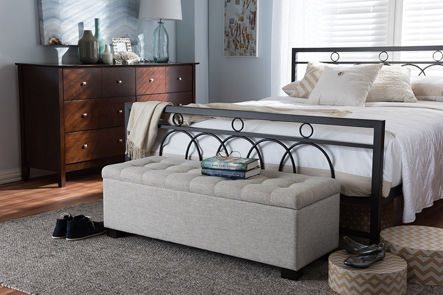 Baxton Studio Roanoke Modern and Contemporary Beige Fabric Upholstered Grid-Tufting Storage Ottoman Bench | Modishstore | Ottomans