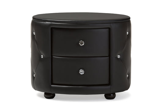 Baxton Studio Davina Hollywood Glamour Style Oval 2-drawer Black Faux Leather Upholstered Nightstand | Modishstore | Nightstands