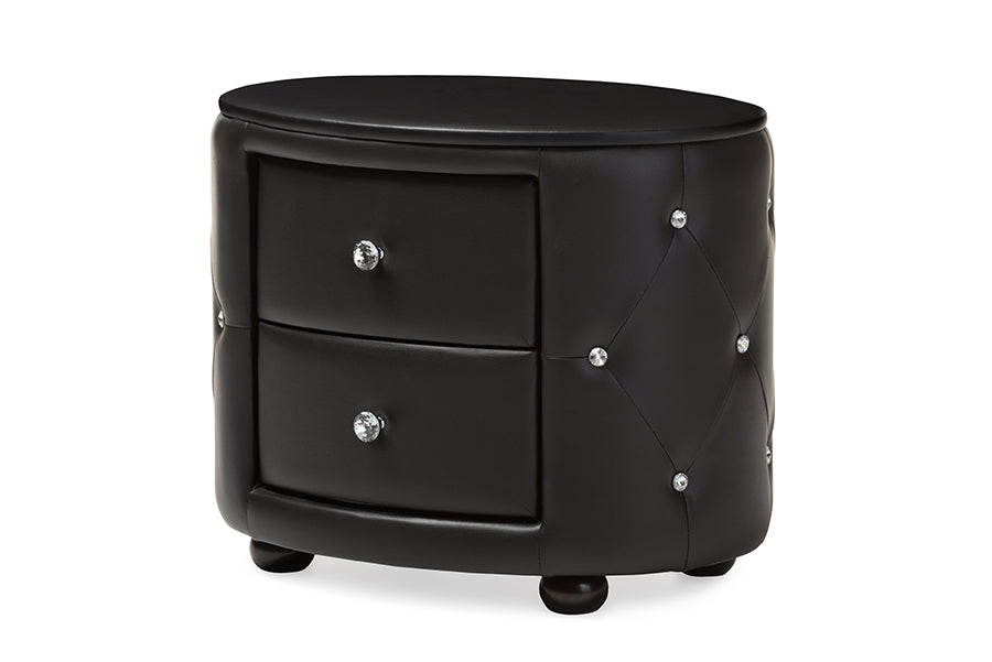 baxton studio davina hollywood glamour style oval 2 drawer black faux leather upholstered nightstand | Modish Furniture Store-2
