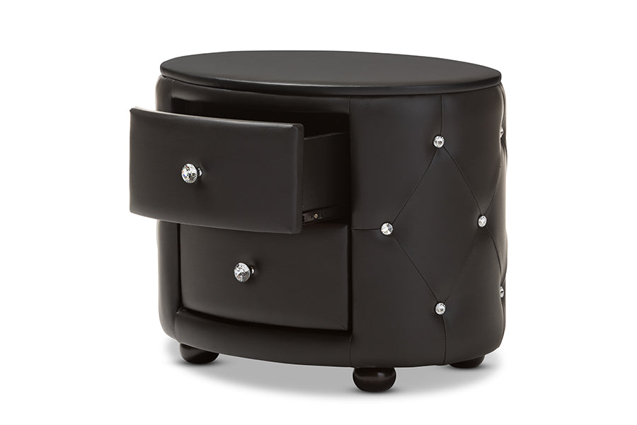 baxton studio davina hollywood glamour style oval 2 drawer black faux leather upholstered nightstand | Modish Furniture Store-3