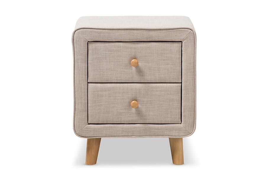 baxton studio jonesy mid century beige linen upholstered 2 drawer nightstand | Modish Furniture Store-3
