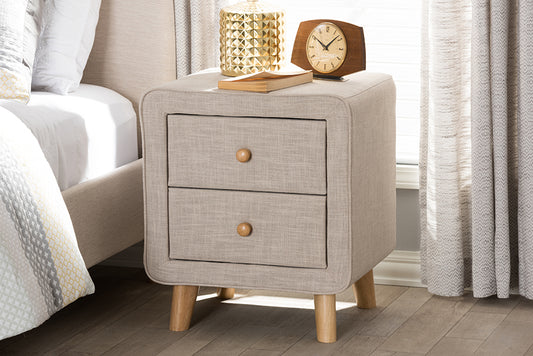 Baxton Studio Jonesy Mid-Century Beige Linen Upholstered 2-Drawer Nightstand | Modishstore | Nightstands