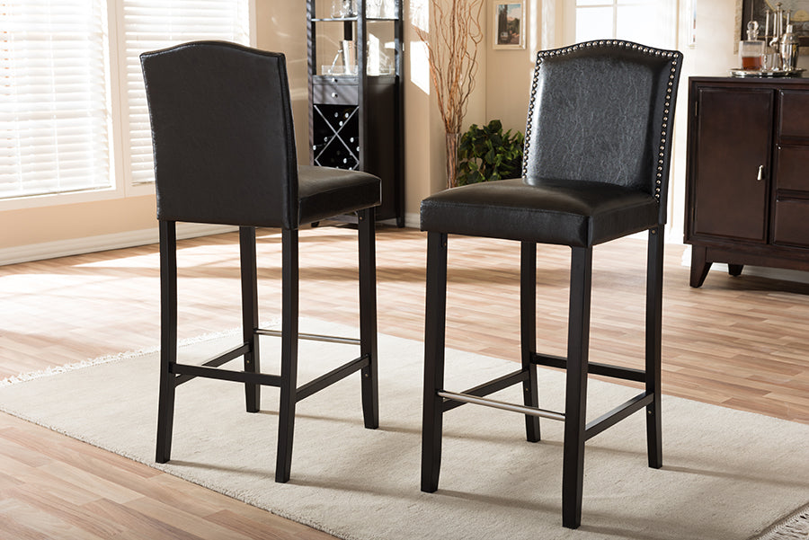 Baxton Studio Libra Black Modern Bar Stool with Nail Head Trim (Set of 2) | Bar Stools | Modishstore