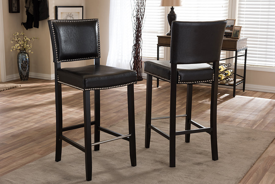 Baxton Studio Aries Dark Brown Modern Bar Stool with Nail Head Trim (Set of 2) | Bar Stools | Modishstore