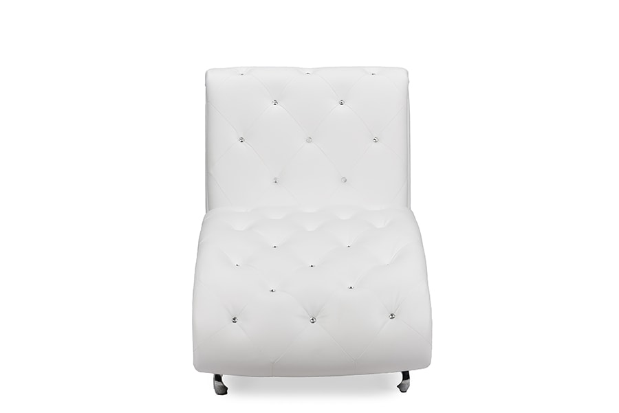 baxton studio pease contemporary white faux leather upholstered crystal button tufted chaise lounge | Modish Furniture Store-2