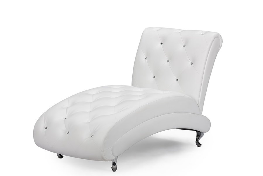 baxton studio pease contemporary white faux leather upholstered crystal button tufted chaise lounge | Modish Furniture Store-3
