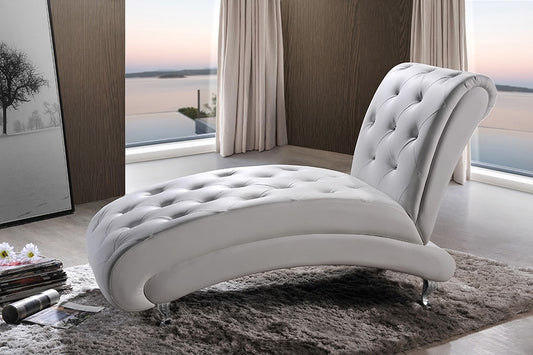 Baxton Studio Pease Contemporary White Faux Leather Upholstered Crystal Button Tufted Chaise Lounge | Modishstore | Lounge Chairs