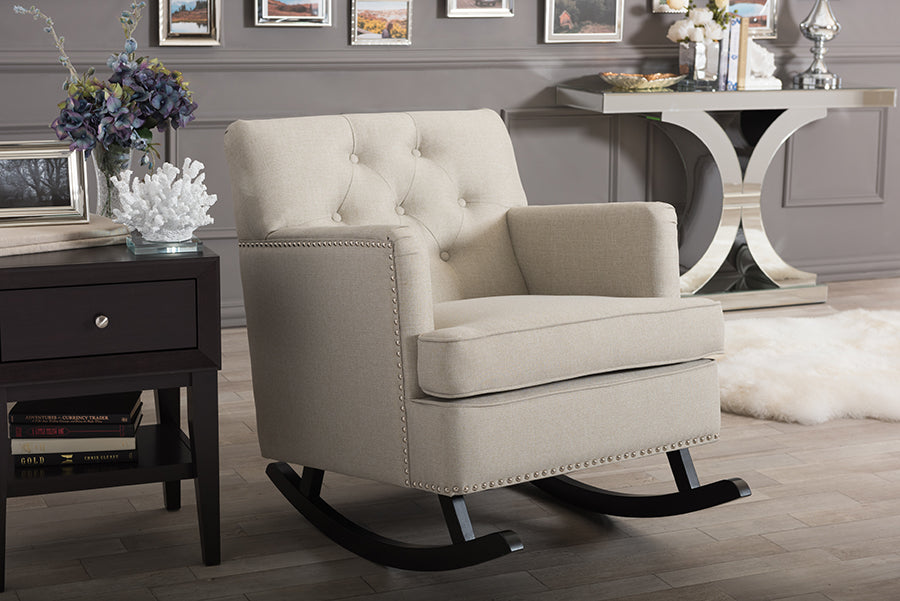 Baxton Studio Bethany Modern and Contemporary Light Beige Fabric Upholstered Button-tufted Rocking Chair | Rocking Chairs | Modishstore