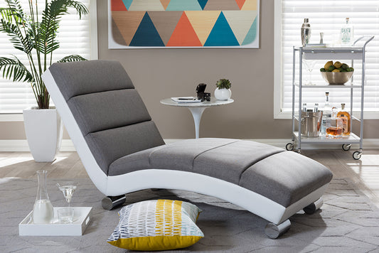 Baxton Studio Percy Modern and Contemporary Grey Fabric and White Faux Leather Upholstered Chaise Lounge | Chairs & Recliners | Modishstore