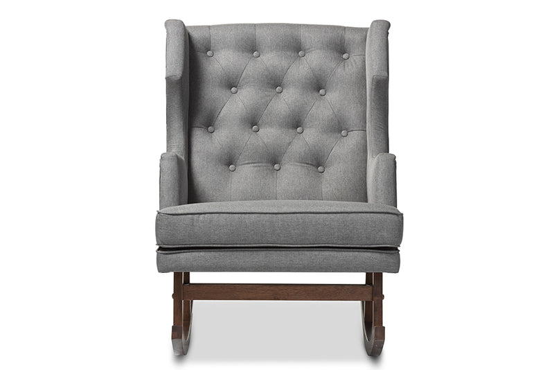 Baxton Studio Iona Mid-century Retro Modern Grey Fabric Upholstered Button-tufted Wingback Rocking Chair | Modishstore | Armchairs
