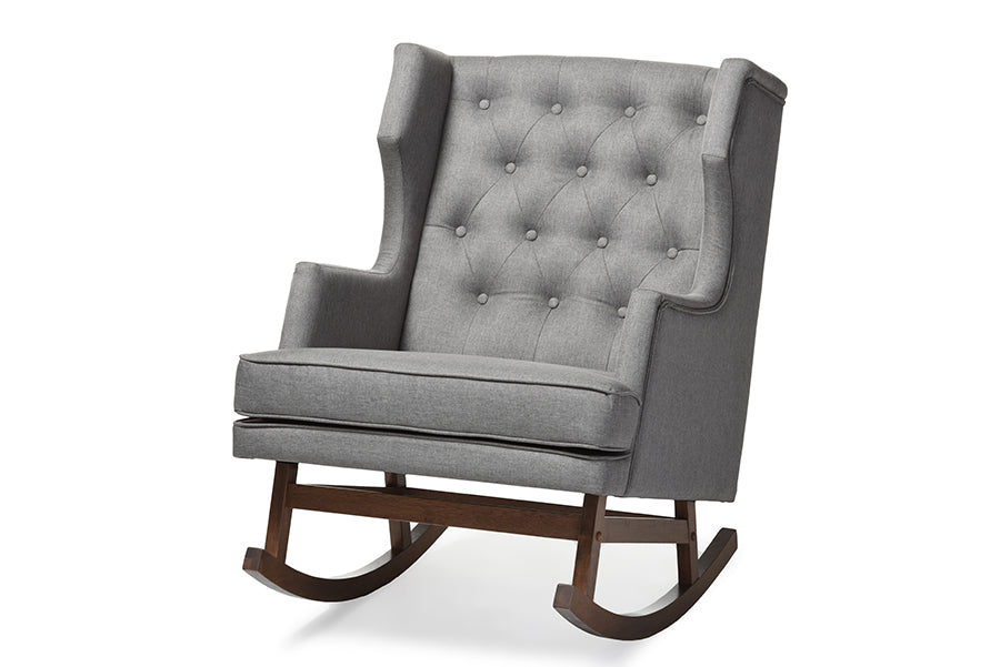 baxton studio iona mid century retro modern grey fabric upholstered button tufted wingback rocking chair | Modish Furniture Store-2