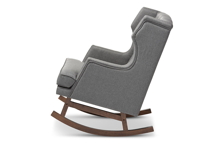 baxton studio iona mid century retro modern grey fabric upholstered button tufted wingback rocking chair | Modish Furniture Store-3
