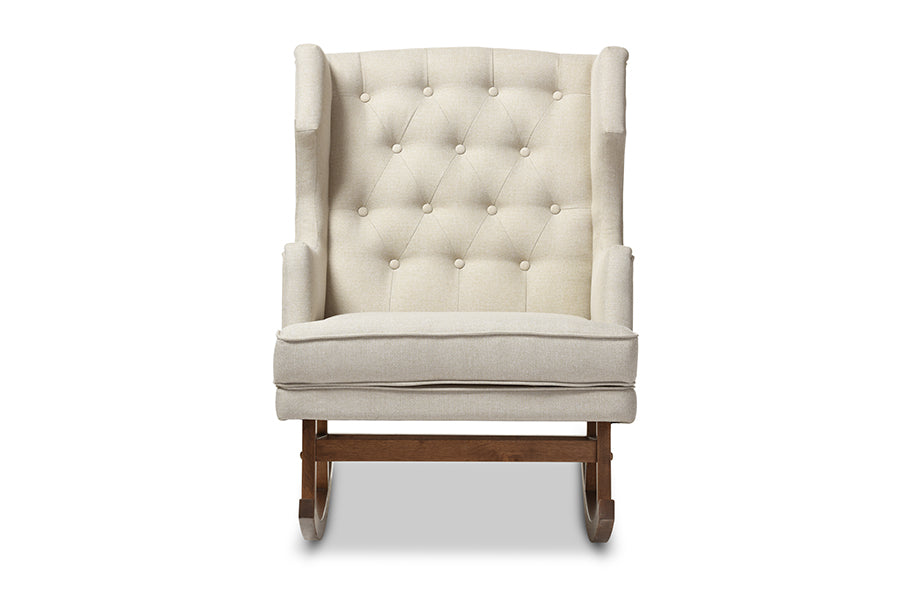 baxton studio iona mid century retro modern grey fabric upholstered button tufted wingback rocking chair | Modish Furniture Store-4