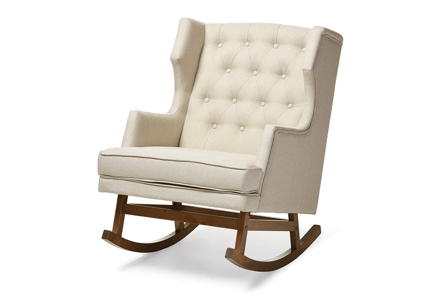 baxton studio iona mid century retro modern grey fabric upholstered button tufted wingback rocking chair | Modish Furniture Store-5