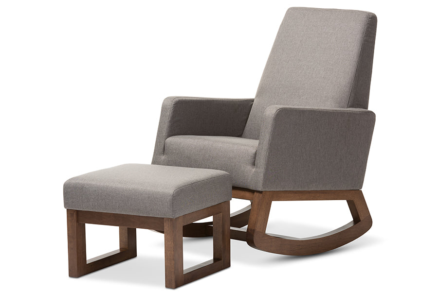 Baxton Studio Yashiya Mid-century Grey Fabric Rocking Chair and Ottoman Set | Rocking Chairs | Modishstore - 2