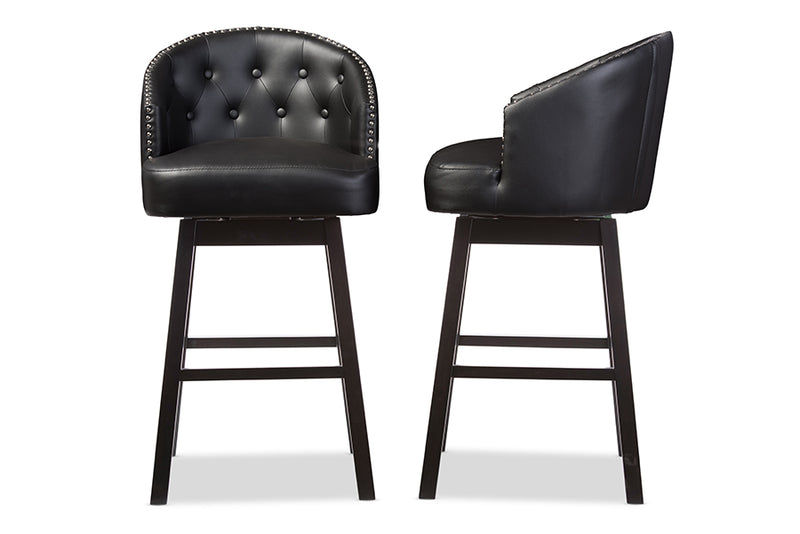 Baxton Studio Avril Modern and Contemporary Black Faux Leather Tufted Swivel Barstool with Nail heads Trim (Set of 2) | Modishstore | Bar Furniture