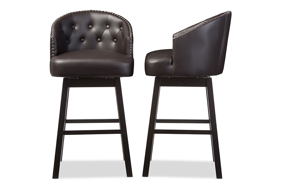 Baxton Studio Avril Modern and Contemporary Brown Faux Leather Tufted Swivel Barstool with Nail heads Trim (Set of 2) | Modishstore | Bar Furniture