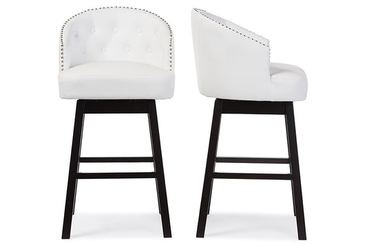 Baxton Studio Avril Modern and Contemporary White Faux Leather Tufted Swivel Barstool with Nail heads Trim (Set of 2) | Modishstore | Bar Furniture