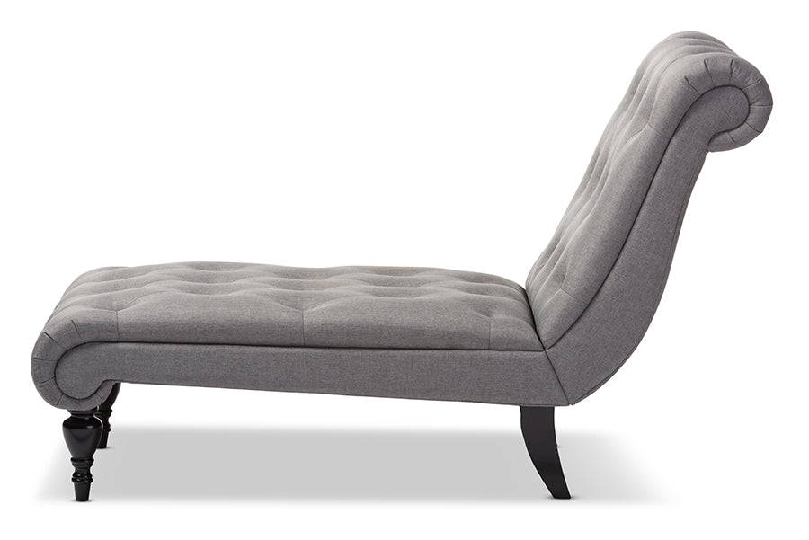 baxton studio layla mid century retro modern grey fabric upholstered button tufted chaise lounge | Modish Furniture Store-3