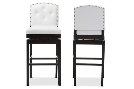 Baxton Studio Ginaro Modern and Contemporary White Faux Leather Button-tufted Upholstered Swivel Bar Stool (Set of 2) | Modishstore | Bar Furniture