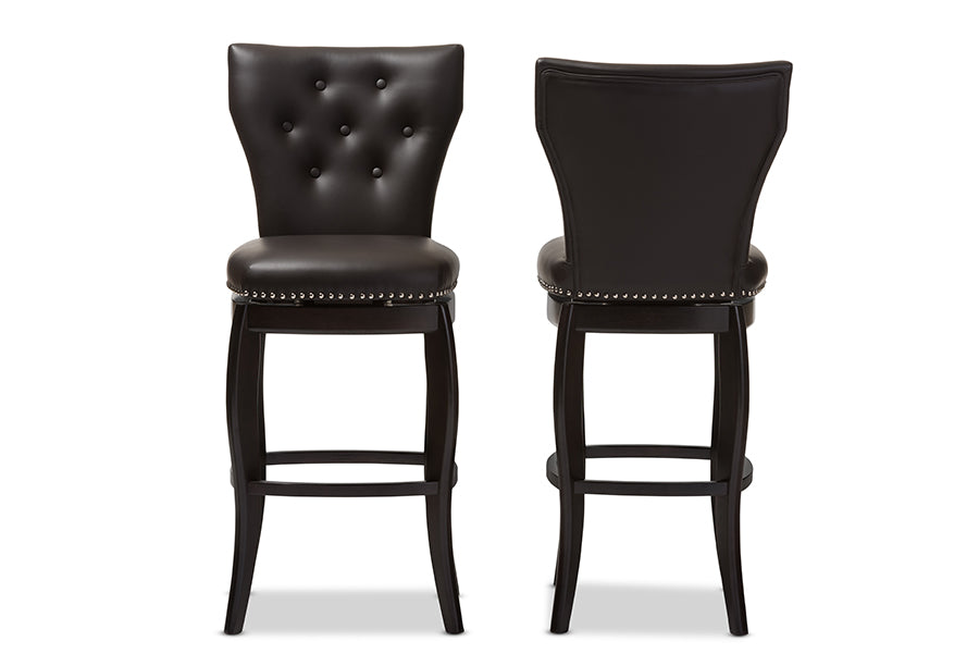 Baxton Studio Leonice Modern and Contemporary Dark Brown Faux Leather Upholstered Button-tufted 29-Inch Swivel Bar Stool (Set of 2) | Bar Stools | Modishstore - 4