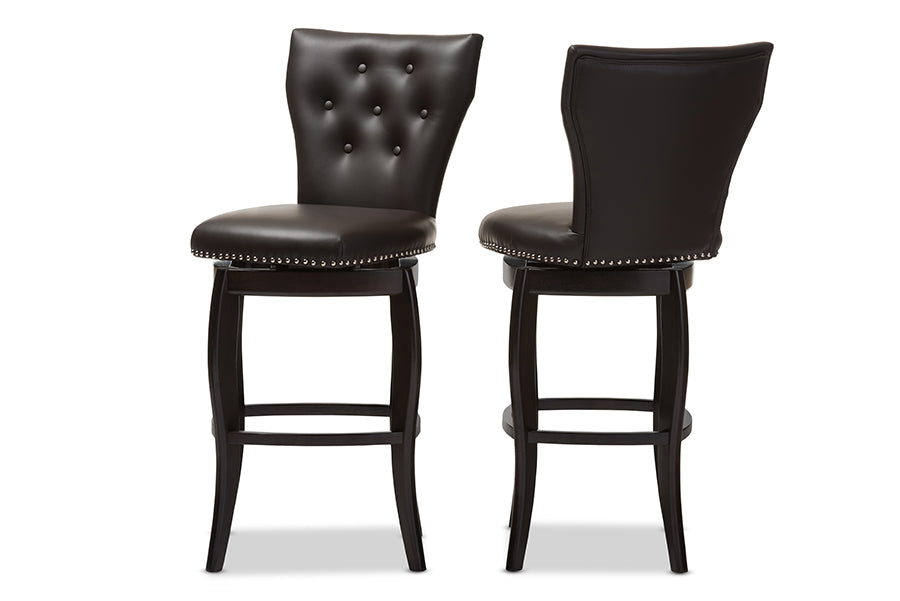 Baxton Studio Leonice Modern and Contemporary Dark Brown Faux Leather Upholstered Button-tufted 29-Inch Swivel Bar Stool (Set of 2) | Bar Stools | Modishstore - 3